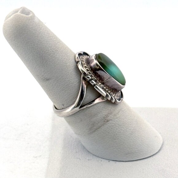 Estate Sterling Silver 925 Green Stone Ring Sz 7 Signed V Chee Navajo Vintage - Picture 2 of 8